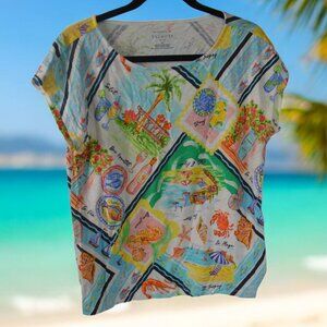 Talbots Petite MP Tropical Print Top Womens Medium Petite Beach Resort Tee